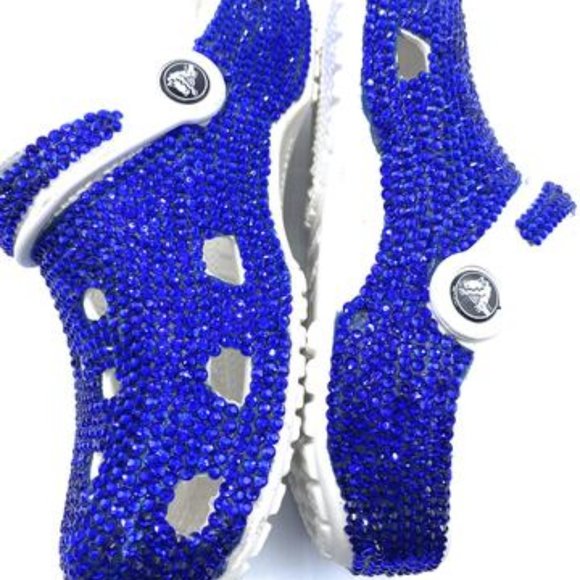 Bling Blue Rhinestones Studded Customized White Clogs Adults - Picture 4 of 6